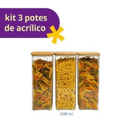 Kit 3 Potes Acrílico 2l Tampa Bambu Hermético Quadrado Oikos - 6