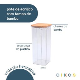 Kit 3 Potes Acrílico 2l Tampa Bambu Hermético Quadrado Oikos - 4