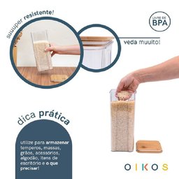 Kit 3 Potes Acrílico 2l Tampa Bambu Hermético Quadrado Oikos - 3