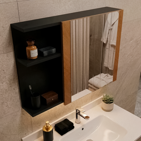 Armário para Banheiro 1 Porta com Espelho Preto com Porta Nature