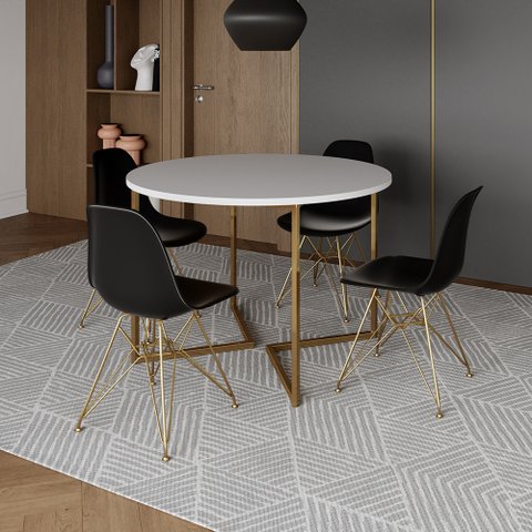 Mesa Jantar Industrial Redonda 110cm Branca Base V 4 Cadeiras Eames Eiffel Pretas Base Dourada