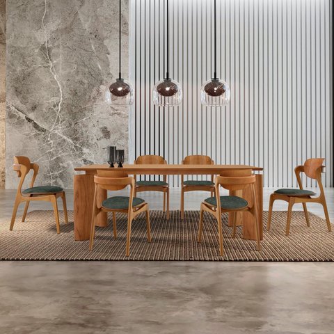 Mesa de Jantar Tokyo Tampo 180cm Madeira Laminado com 6 Cadeiras Celeste Gold Marrom/Jade/Cinamomo I