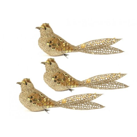 Kit Passarinho Natal Full Glitter Pérolas Dourado 16cm 3 Unidades - Magizi