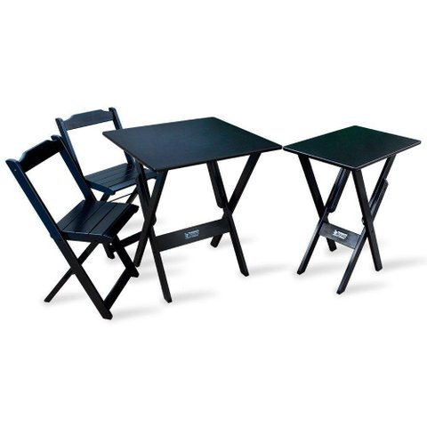 Jogo De Mesa Dobrável 70x70 Com 2 Cadeiras E Mesa Aparador Preto