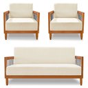 Ver imagem 1 de Kit 2 Poltronas e Sofá Living 2 Lugares Marilia 1,60m Linho Bege Base em Madeira Castanho - Pallazio