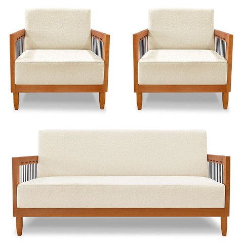 Kit 2 Poltronas e Sofá Living 2 Lugares Marilia 1,60m Linho Bege Base em Madeira Castanho - Pallazio