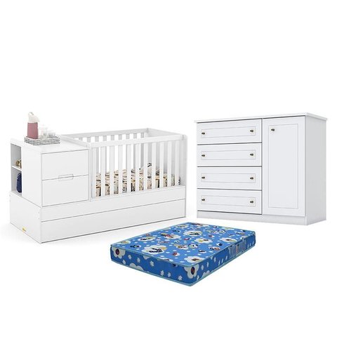 Berço Americano Multifuncional Formare Branco Freijó - Matic e Cômoda Infantil Americano Branco Hp e