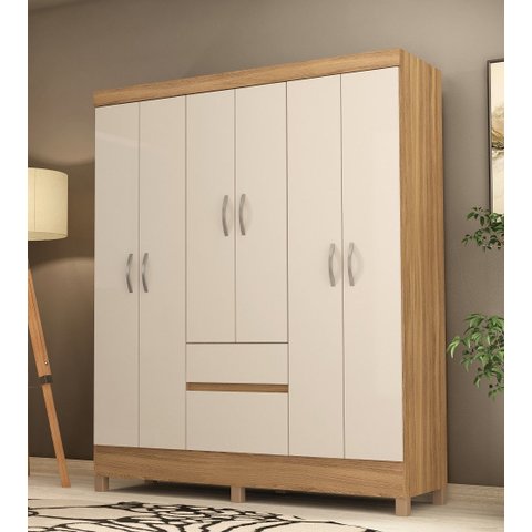 Guarda-roupa Ecom Ii 128m com Cabideiros, 2 Gavetas e Prateleiras - Amendola Touch/ Off White Demóbi