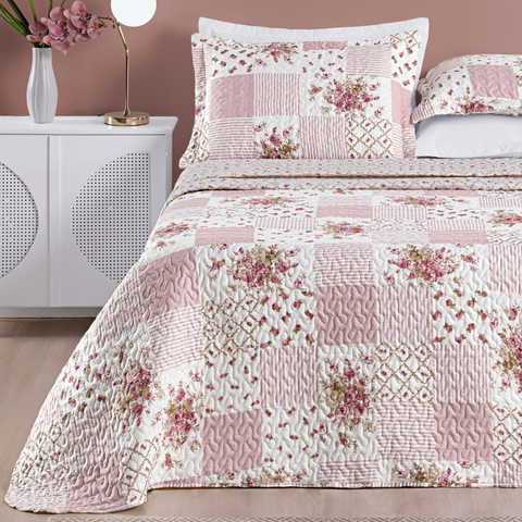 Colcha Queen Size Babado Florença Bordado Dupla Face 200 Fios Bouti:rosa