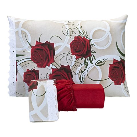 Jogo De Lençol Estampado Casal Queen 03 Peças Rosas Vermelho - Algodão