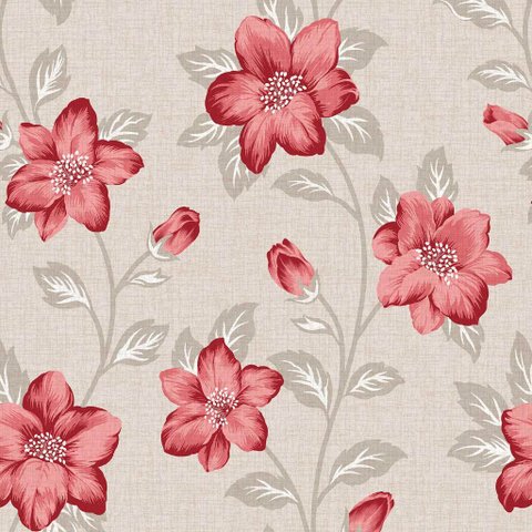 Papel de Parede Floral Vermelho com Fundo Bege - 3,00x0,50m