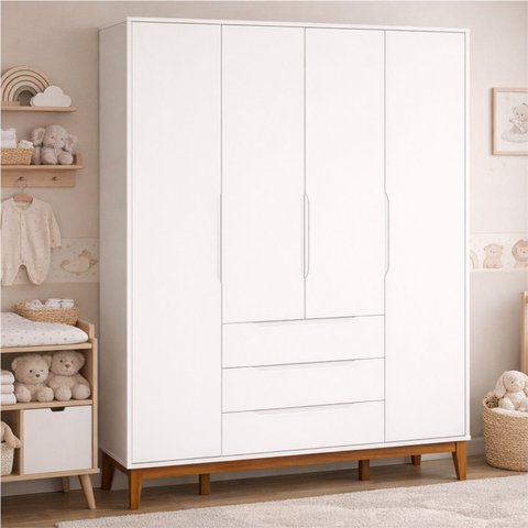 Roupeiro Elfe Classic 4 Portas 3 Retro Gavetas Branco Fosco - Moveisaqui