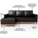 Ver imagem 3 de Sofá 3 Lugares 200cm Living com Chaise Esquerdo Sala de Estar Kayrós D05 Sintético Preto - Mpozenato