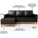 Ver imagem 3 de Sofá 3 Lugares 200cm Living com Chaise Esquerdo Sala de Estar Kayrós D05 Sintético Preto - Mpozenato