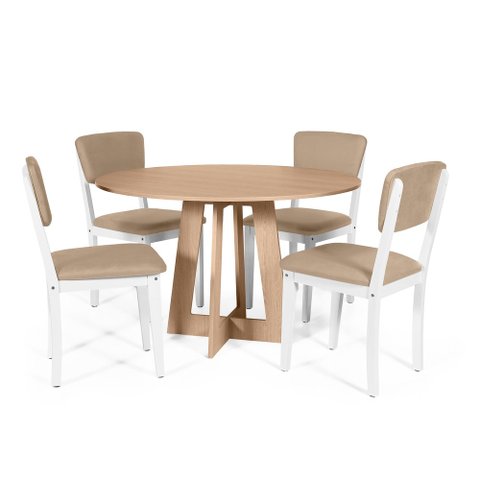Mesa de Jantar Redonda Montreal Jade com 4 Cadeiras Estofadas Ella Branco/bege