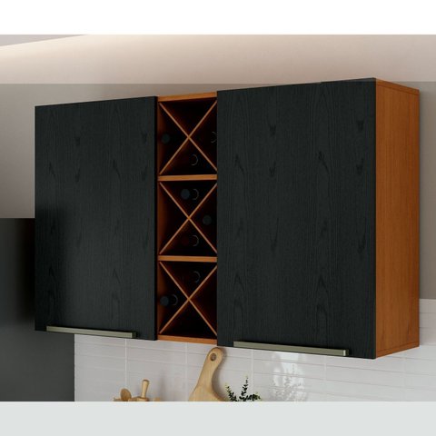 Armário Aéreo Duplo com Garrafeiro 120cm Favorita Preto/Cinamomo/Catedral