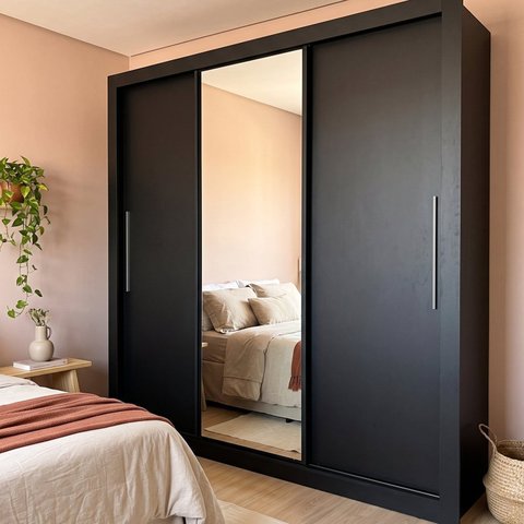 Guarda Roupa Casal 100% MDF 3 Portas 4 Gavetas com Espelho e Cabideiro 191,8x208x45,7cm Preto