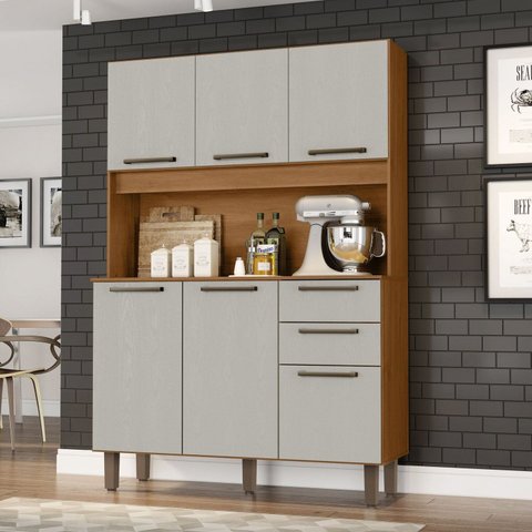 Armário para Cozinha 6 Portas 2 Gavetas 120cm Bege/Cinamomo/Areia