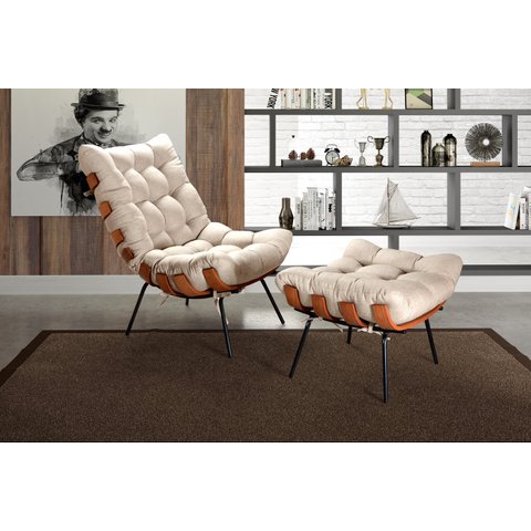 Poltrona Costela com Puff Base Fixa para Sala, Quarto