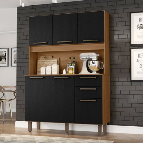 Armário para Cozinha 6 Portas 2 Gavetas 120cm Preto/Cinamomo/Catedral