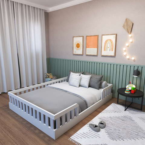 Cama Infantil Montessoriana Casal Sol Cinza/Branco/Cristal