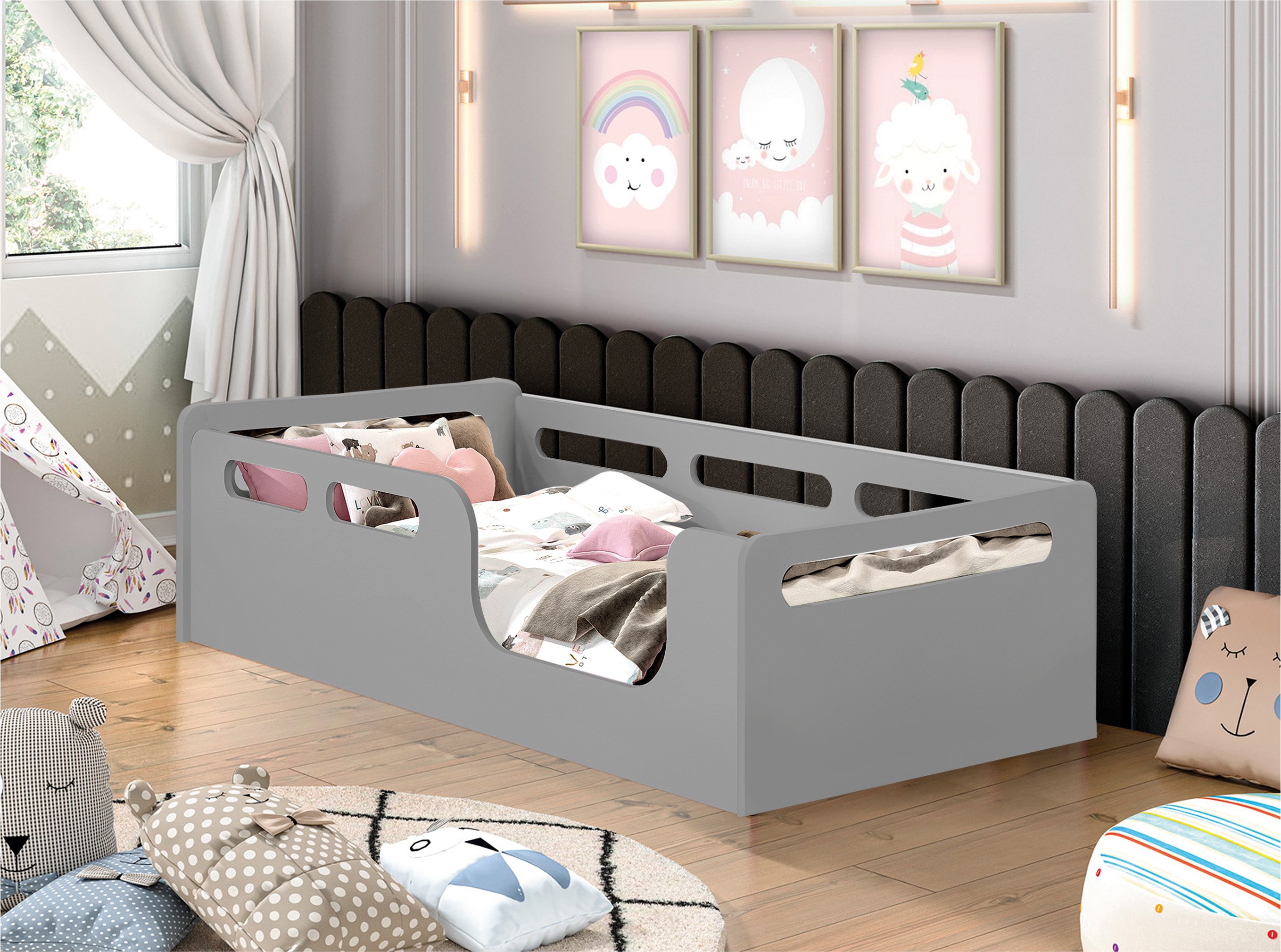 Cama Montessoriana Solteiro Infantil Branca Moderna em Mdf - Cinza