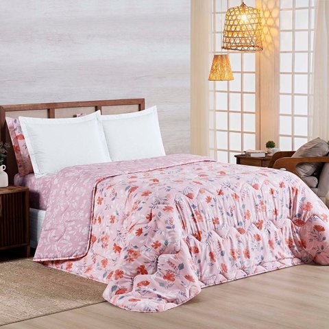 Edredom Cobertor Belle Queen 400 Fios Dupla Face Estampado Floral Rosê