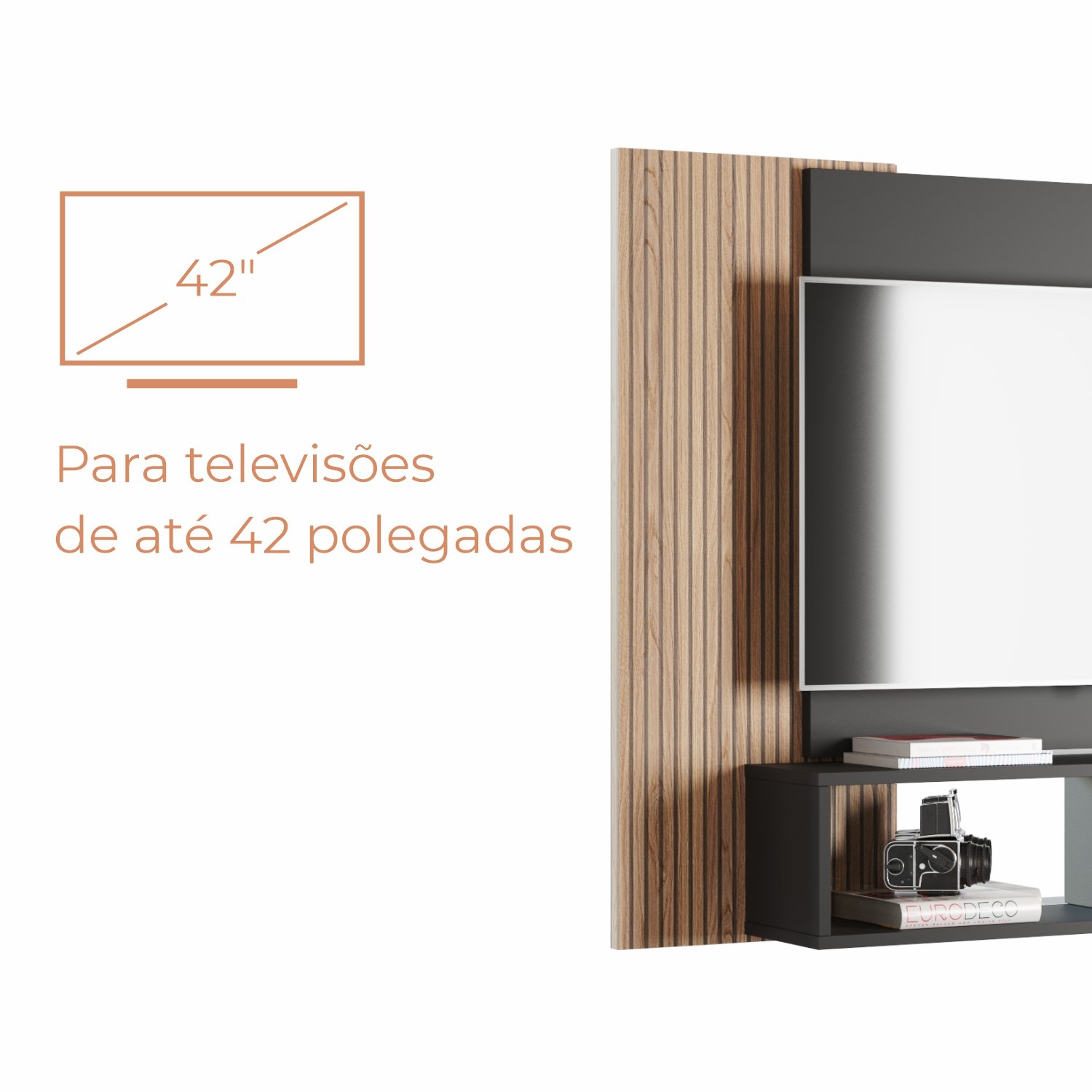 Painel para Tv até 42 Polegadas com Nichos Gaia - Preto Fosco / Cinamomo - 5