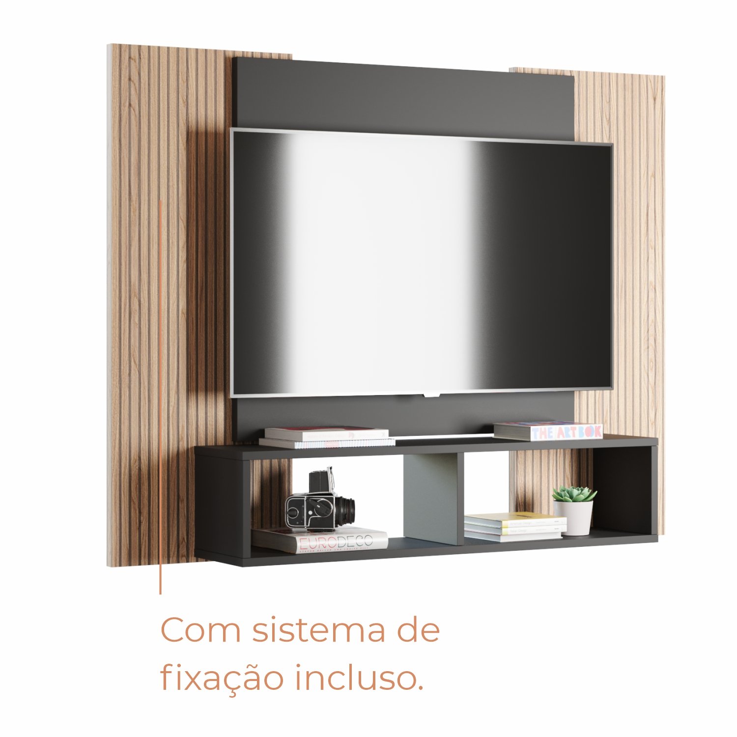 Painel para Tv até 42 Polegadas com Nichos Gaia - Preto Fosco / Cinamomo - 6