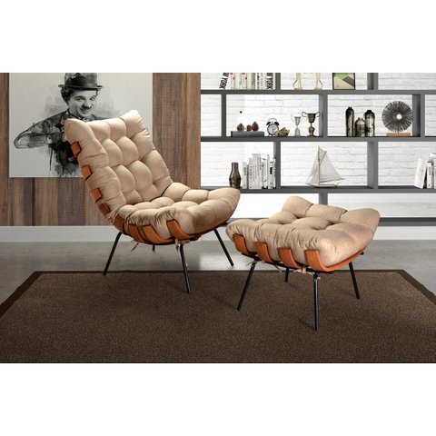 Poltrona Costela com Puff Base Fixa para Sala, Quarto Marrom