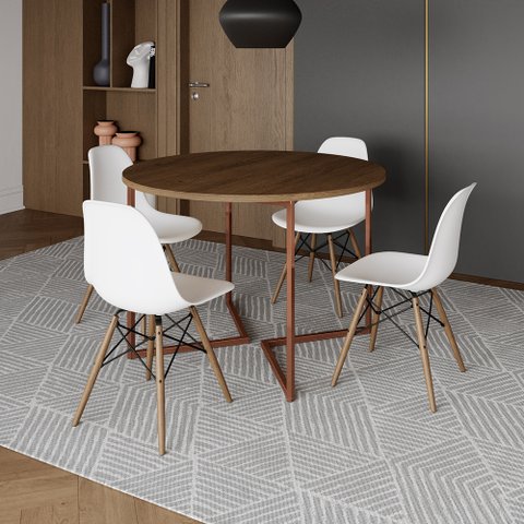 Mesa Jantar Industrial Redonda 110cm Amêndoa Base V Cobre com 4 Cadeiras Eames Branca Base Madeira