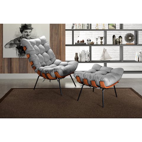 Poltrona Costela com Puff Base Fixa para Sala, Quarto Cinza