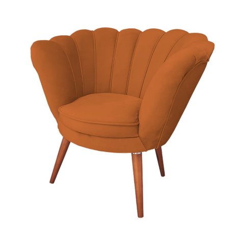 Poltrona Decorativa Pétala de Flor Veludo Laranja Pés Palito Madeira Maciça