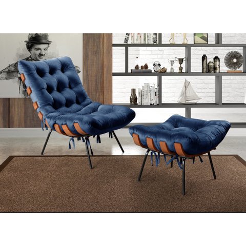 Poltrona Costela com Puff Base Fixa para Sala, Quarto Azul Marinho