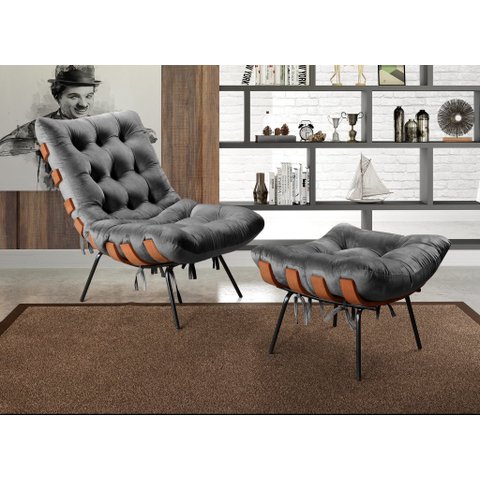 Poltrona Costela com Puff Base Fixa para Sala, Quarto Cinza Grafite