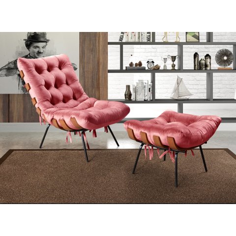 Poltrona Costela com Puff Base Fixa para Sala, Quarto Rosa