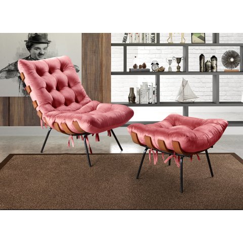 Poltrona Costela com Puff Base Fixa para Sala, Quarto