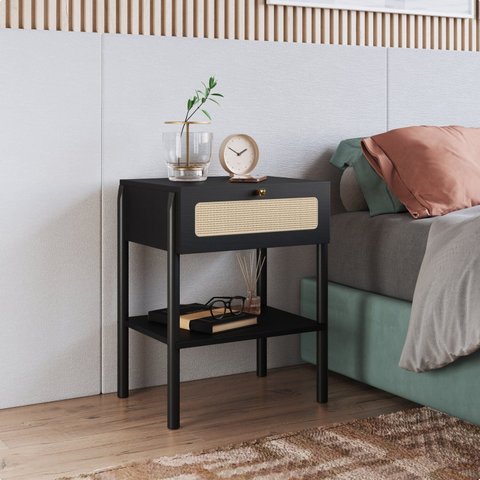 Mesa de Cabeceira 1 Gaveta Palhinha Pé Madeira Oslo Preto