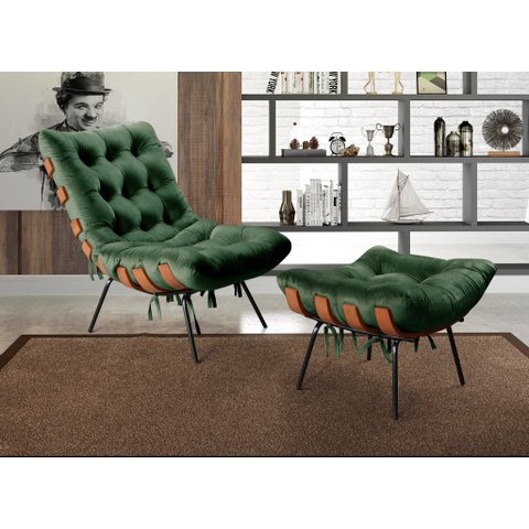 Poltrona Costela com Puff Base Fixa para Sala, Quarto Verde
