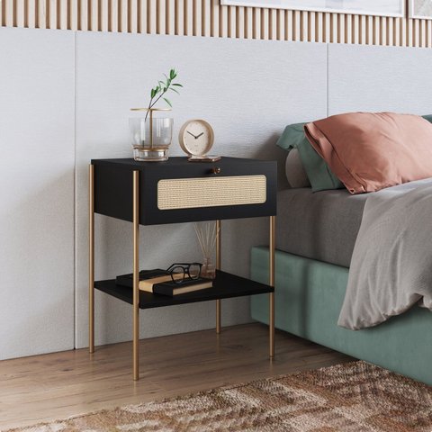 Mesa de Cabeceira 1 Gaveta Palhinha Pé Metal Oslo Preto