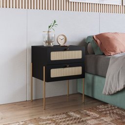 Mesa de Cabeceira 2 Gavetas Palhinha Pé Metal Dourado Oslo - 1