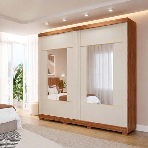 Guarda-Roupa Casal Elise 2 Portas de Correr 4 Gavetas com 2 Espelhos e Pés Pm Home