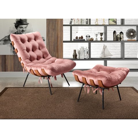 Poltrona Costela com Puff Base Fixa para Sala, Quarto Rosa Rose