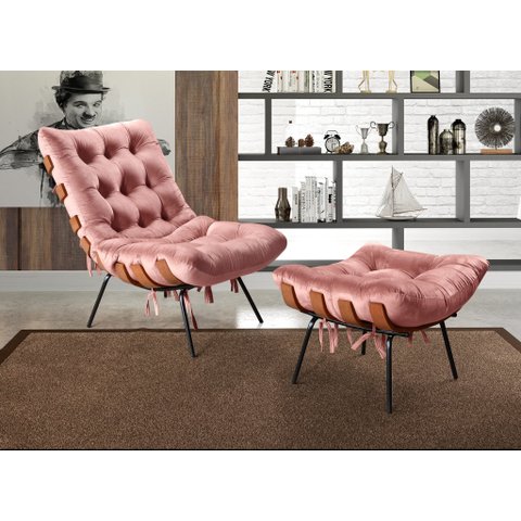 Poltrona Costela com Puff Base Fixa para Sala, Quarto