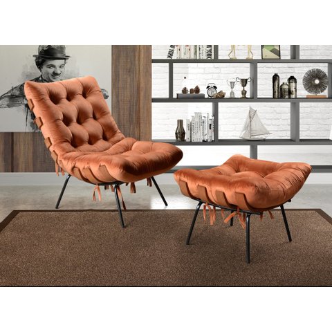 Poltrona Costela com Puff Base Fixa para Sala, Quarto Laranja Terracota