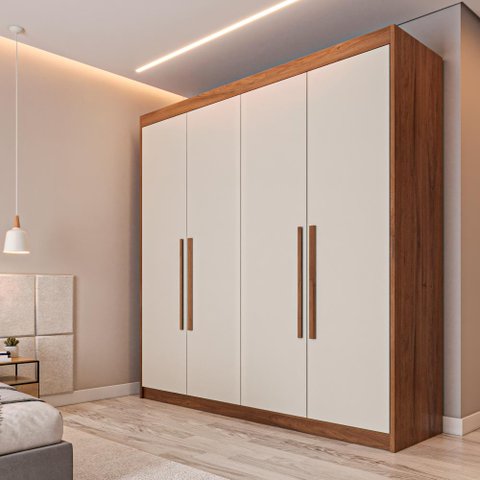 Guarda Roupa Solteiro 100% MDF 4 Portas 3 Gavetas Aurora - Móveis Europa - Braúna/Off White