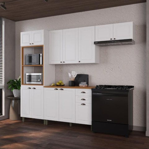 Armário de Cozinha Modulada Compacta Fidelitá Nara 100% MDF 4 Peças 270cm 12 Portas 2 Gavetas com