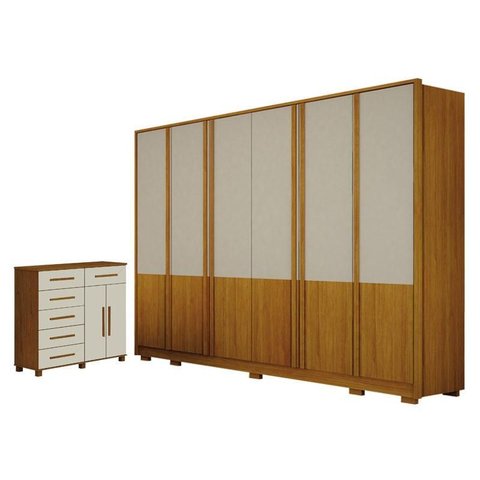 Guarda Roupa Casal Urban 6 Portas com Cômoda São Paulo 6 Gavetas 2 Portas Cinamomo Off White – Leife