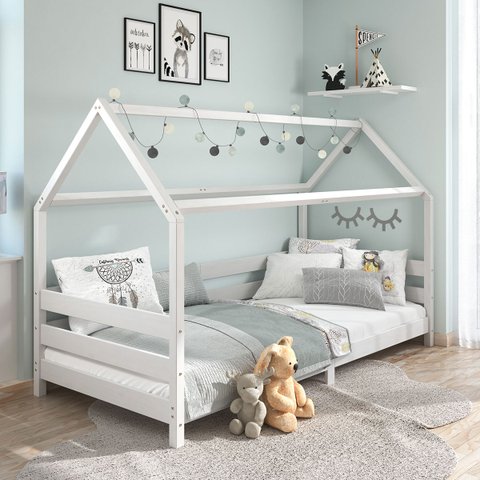 Cama Montessoriana Madeira Maciça Casa com Estrado Fina Branco Idimex