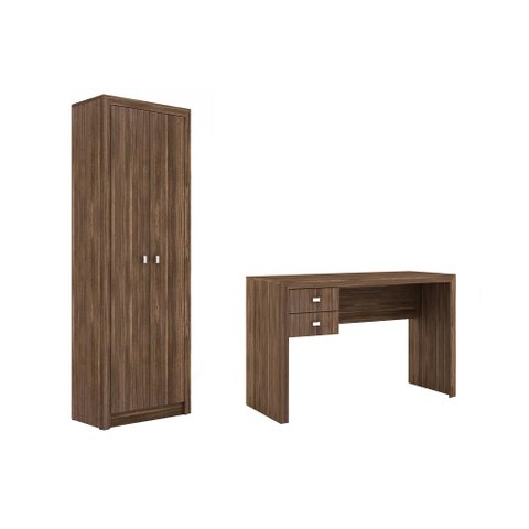Escritório com Mesa para Computador 2 Gavetas com Armário 2 Portas Nogal - Fdecor